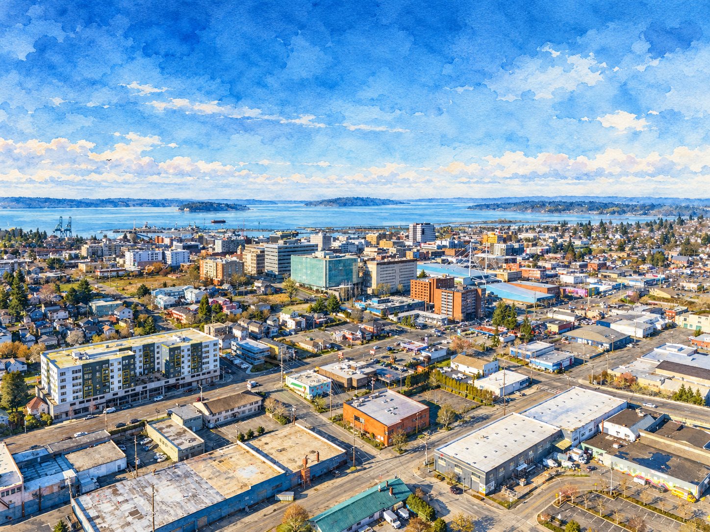 Watercolor aerial view of downtown Everett looking west across Port Gardner toward the islands of Possession Sound